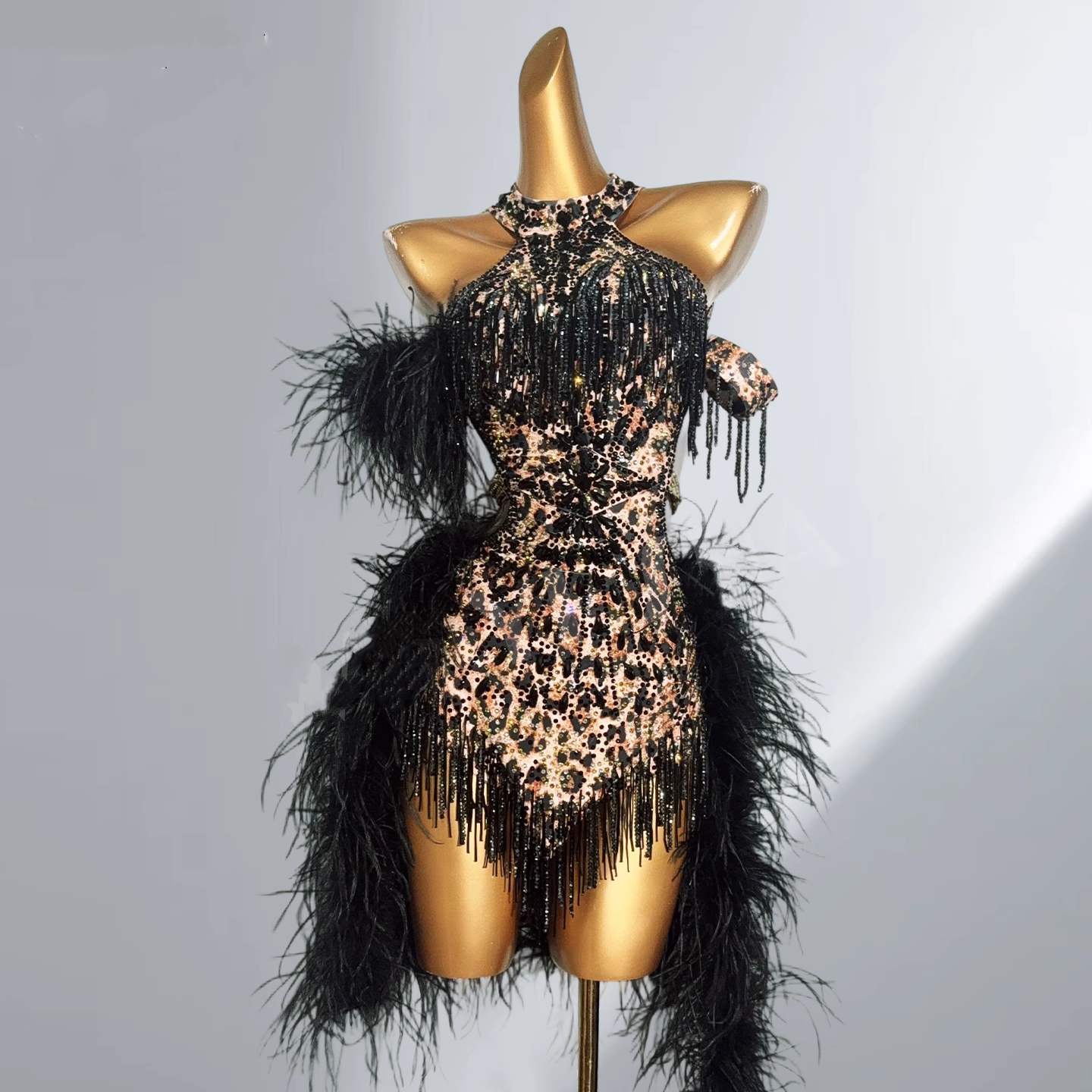 Custom Size Leopard Feather Competition Latin Dance Dresses for Women Samba Salsa Chacha Dance Costumes