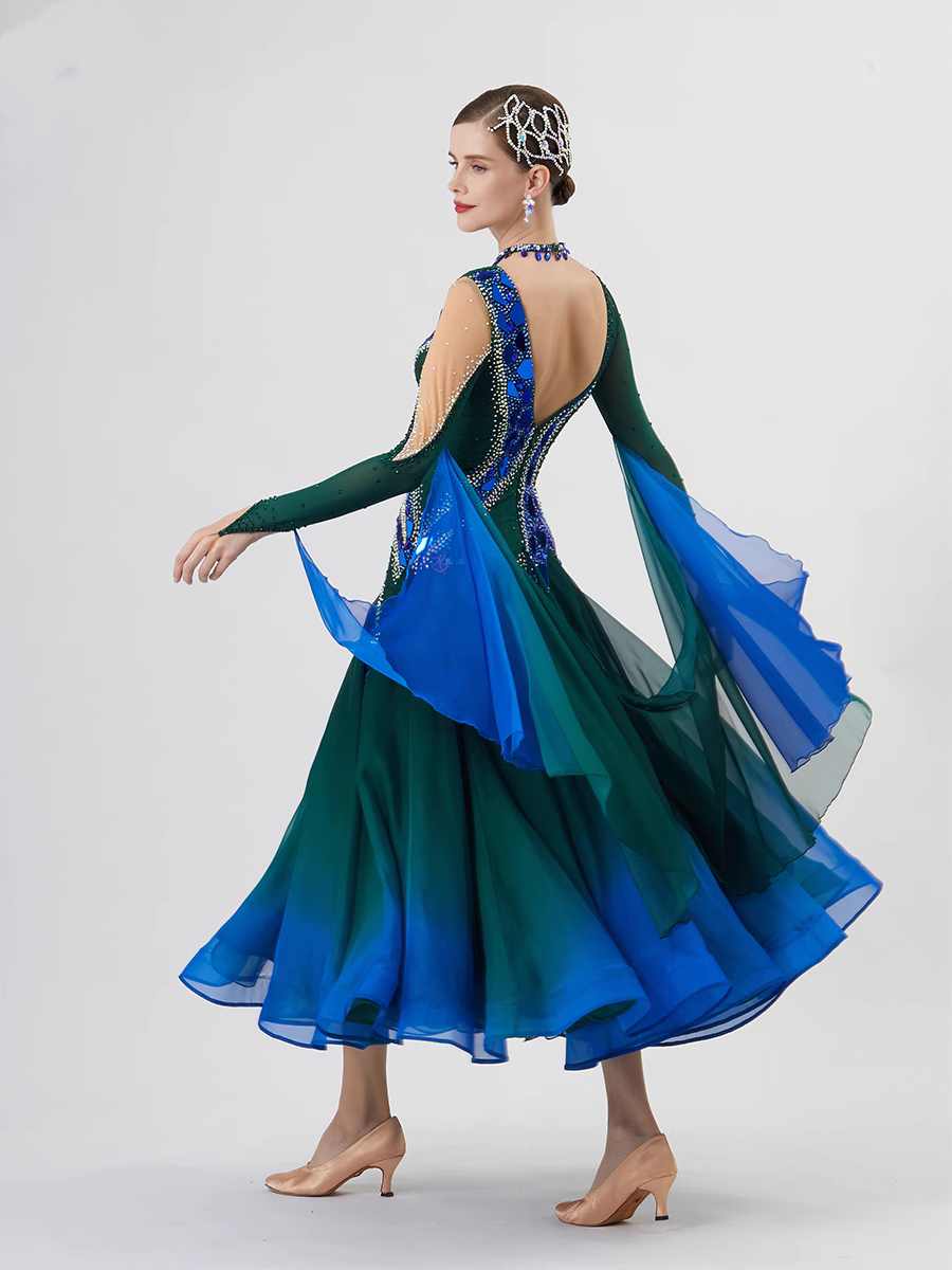 Custom Size Blue Dark Green Competition Ballroom Dance Dresses for Women Rhythm Waltz Tango Smooth Dance Long Gown - Moderndancedress.com