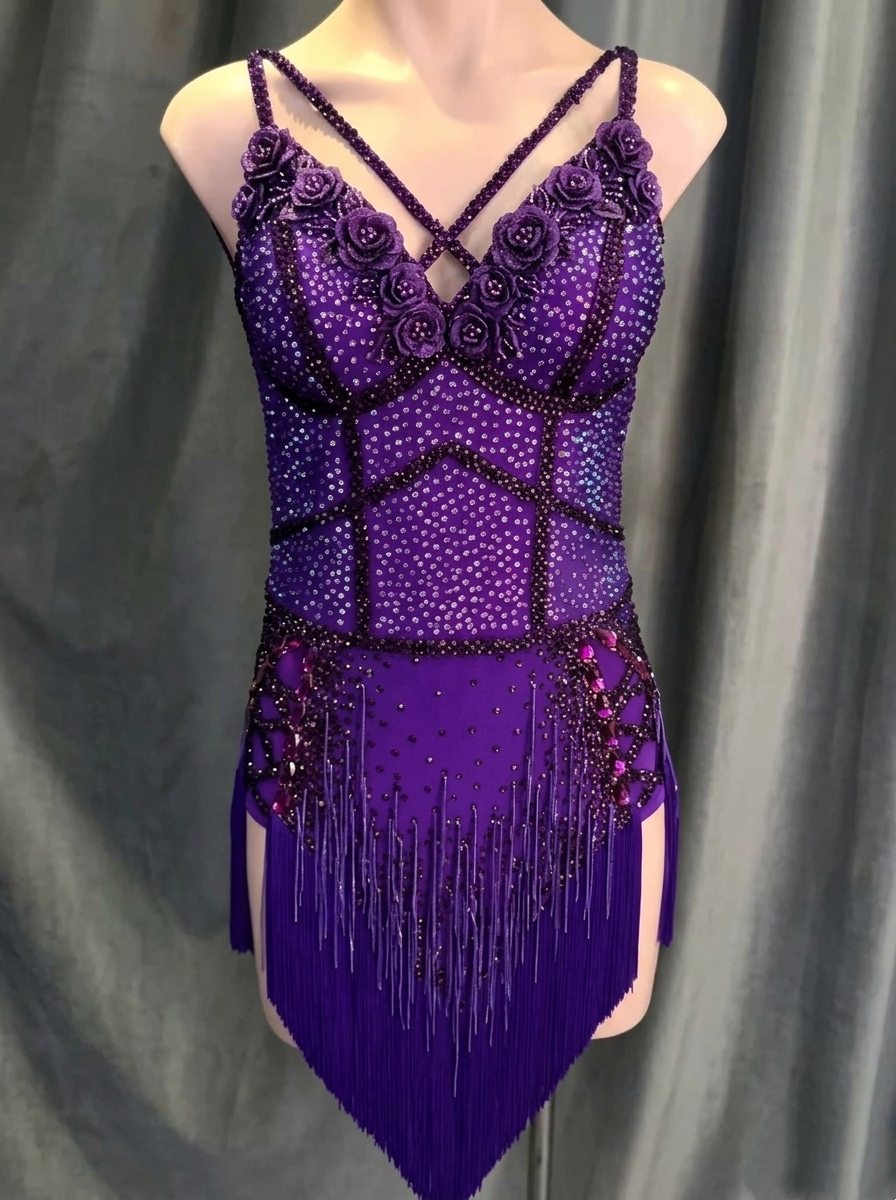 Custom Violet Latin Dance Competition Dress  3D Floral & Crystal Gown