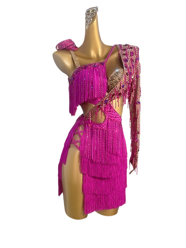 Custom Size Fuchsia Latin Dance Dresses for Women Girls Blackpool Competition Salsa Rumba Chacha Ballroom Dance Costumes - Moderndancedress.com