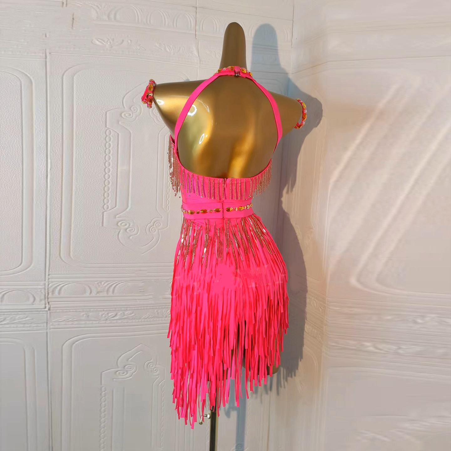 Custom Size Pink Gold Fringe Competition Latin Dance Dresses for Women Girls Salsa Rumba Chacha Samba Ballroom Dance Wear
