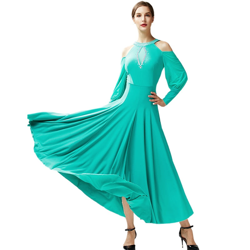 Mint Black Hollow Shoulder Ballroom Dance Dresses for Women Girls Waltz Tango Smooth Dance Long Gown - Moderndancedress.com