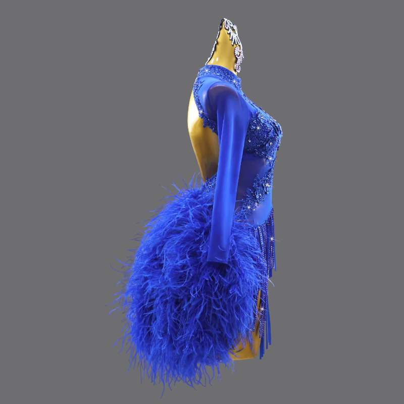 Custom Size Competition Latin Dance Dresses for Women Girls Feather Blue Black Salsa Rumba Chacha Dance Costumes