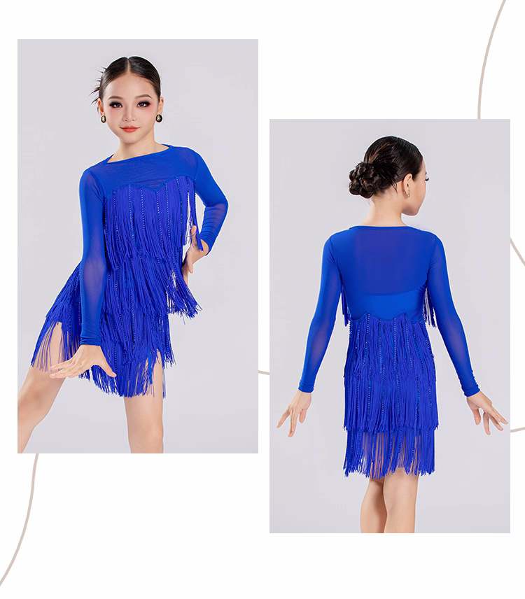 Girls Latin Dance Dresses Blue Red Black Fringe Salsa Rumba Chacha Ballroom Performance Costumes for Kids