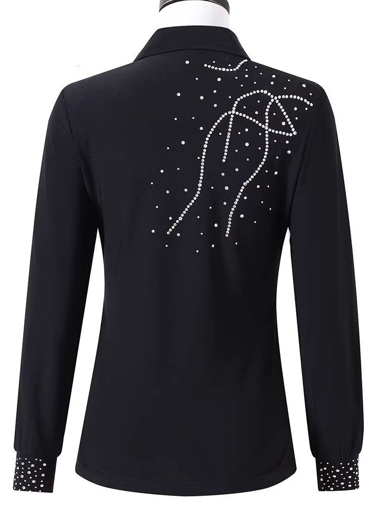 Men's Latin Ballroom Dance Shirts Ballroom Waltz Tango Long-sleeved Crystals Tops