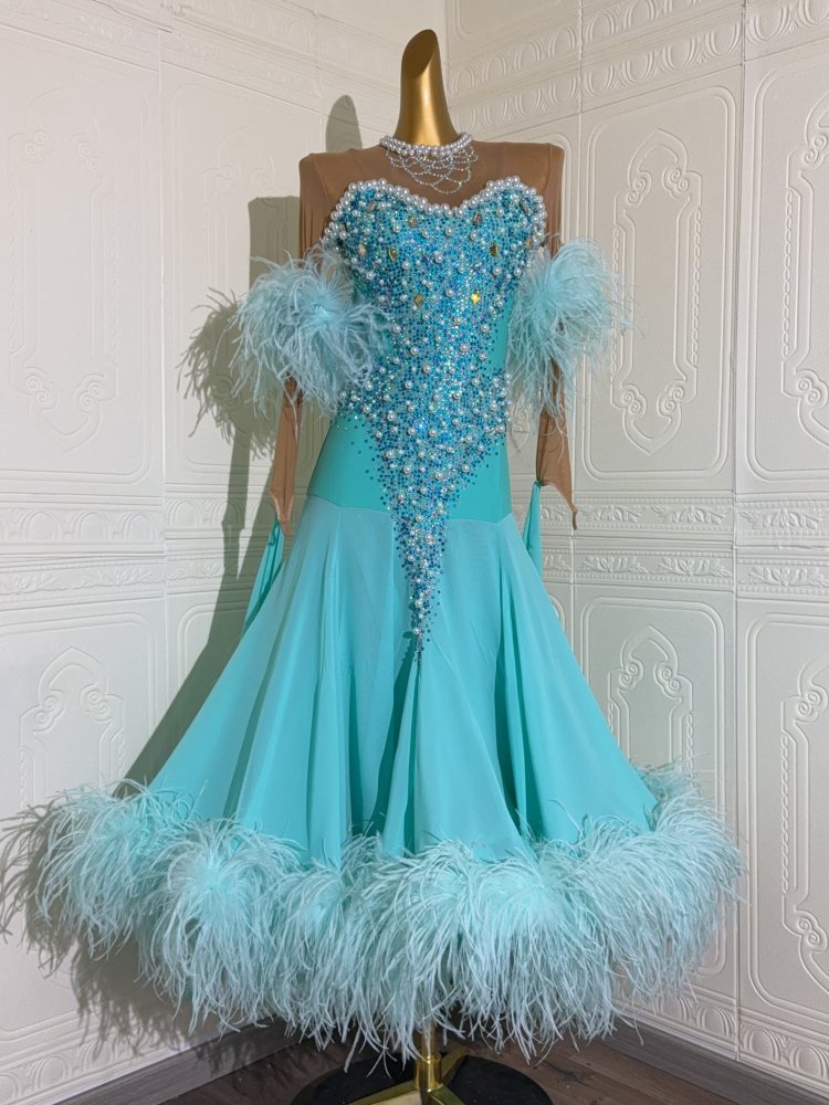 Custom Size Turquoise Competition Ballroom Dance Dress Crystal Beaded Waltz Tango Smooth Dance Gown