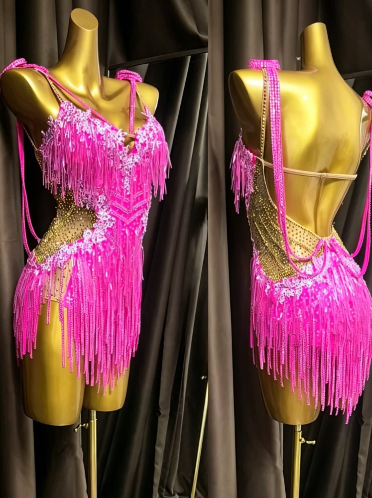 Custom Size Fuchsia Latin Dance Dress Flowers Fringe Salsa Blackpool Competition Costume