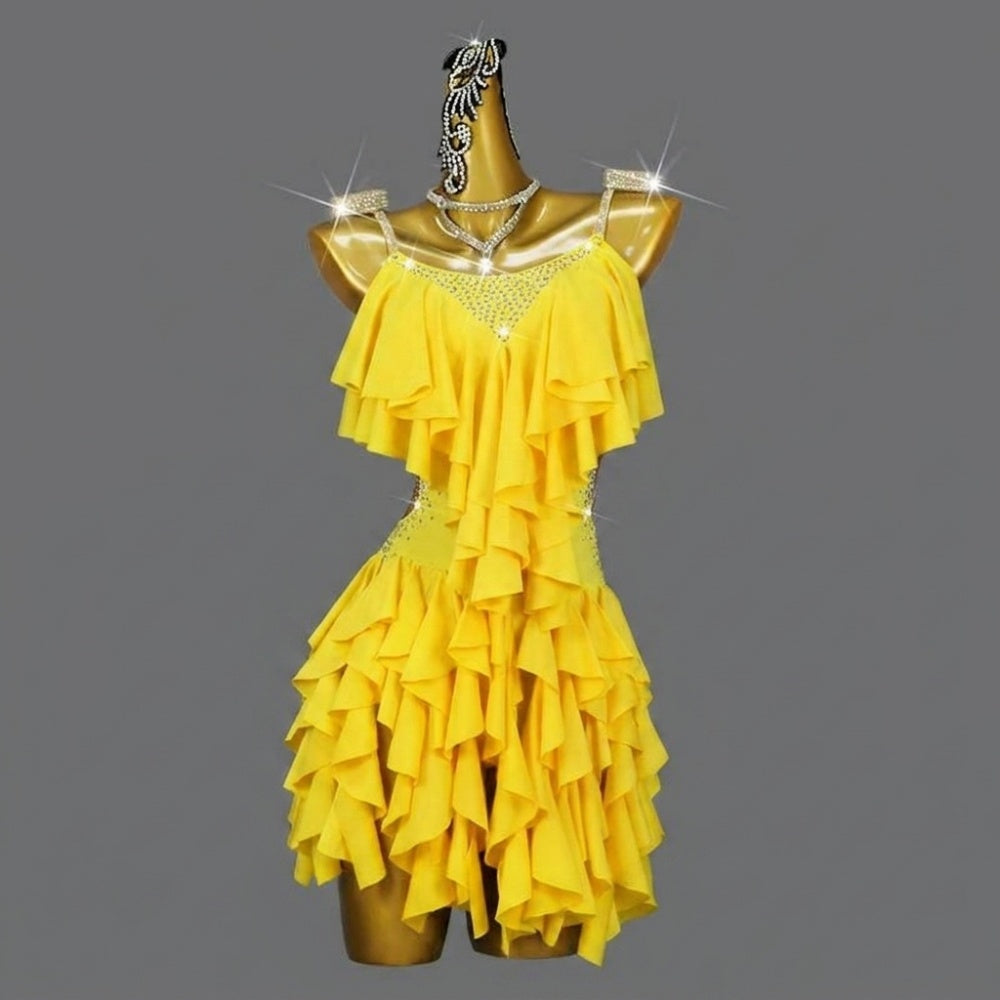 Custom Size Yellow Ruffles Latin Dance Dress for Women Girls Kids Salsa Chacha Performance Costume