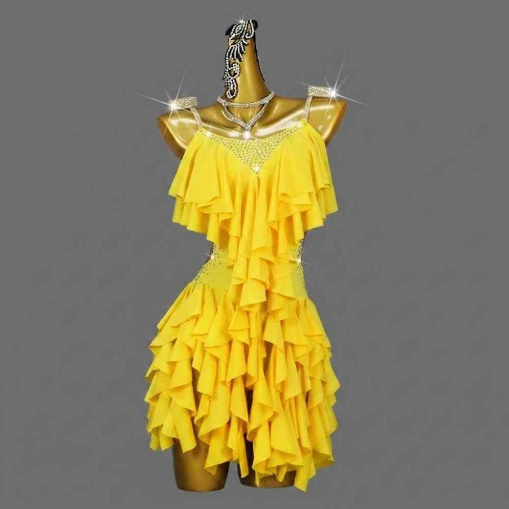 Custom Size Yellow Ruffles Latin Dance Dress for Women Girls Kids Salsa Chacha Performance Costume