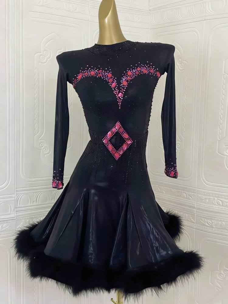 Custom Size Black Feather Women's Latin Dance Dresses Pink Diamond Rumba Chacha Dance Clothes