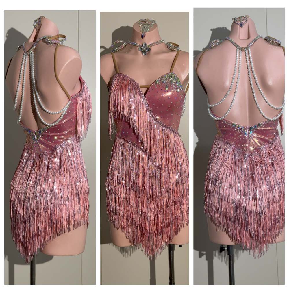Custom Pink Fringe Latin Dance Dress with Sparkling Rhinestones Salsa Gown