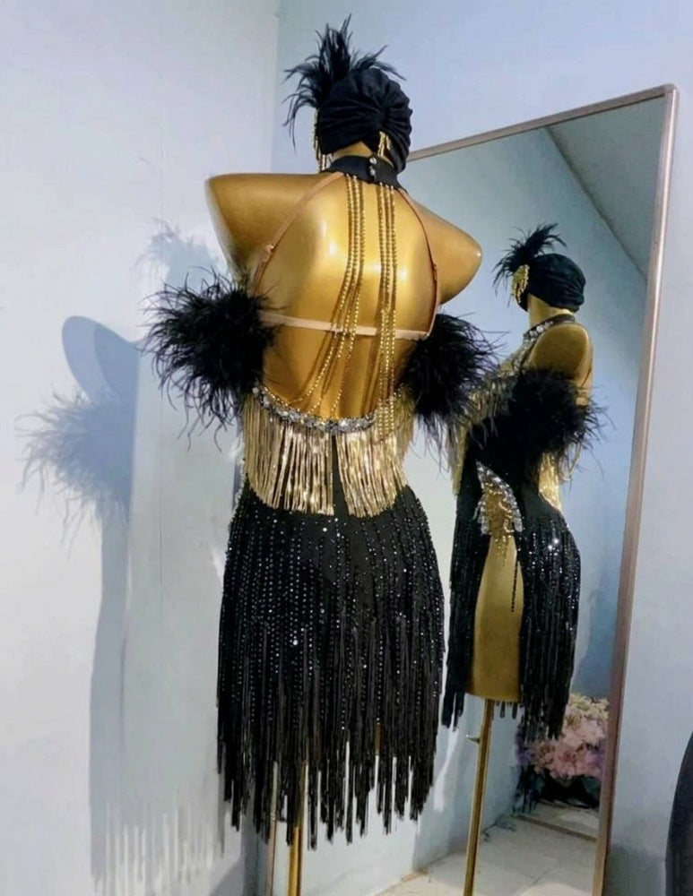 Custom Latin Dance Competition Dress: Black & Gold Fringe with Feather
