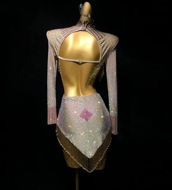 Custom Size Gold Bling Fringe Competition Latin Dance Dress Salsa Chacha Blackpool Perform Costume