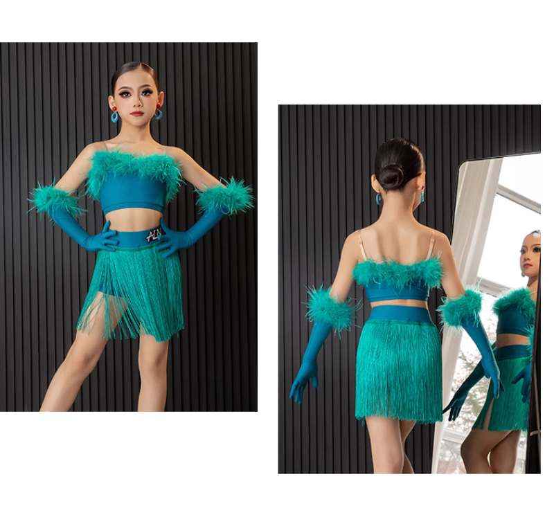 Blue White Fringe Fether Girls Latin Dance Dresses Kids Salsa Rumba Chacha Tassel Professional Performance Costumes
