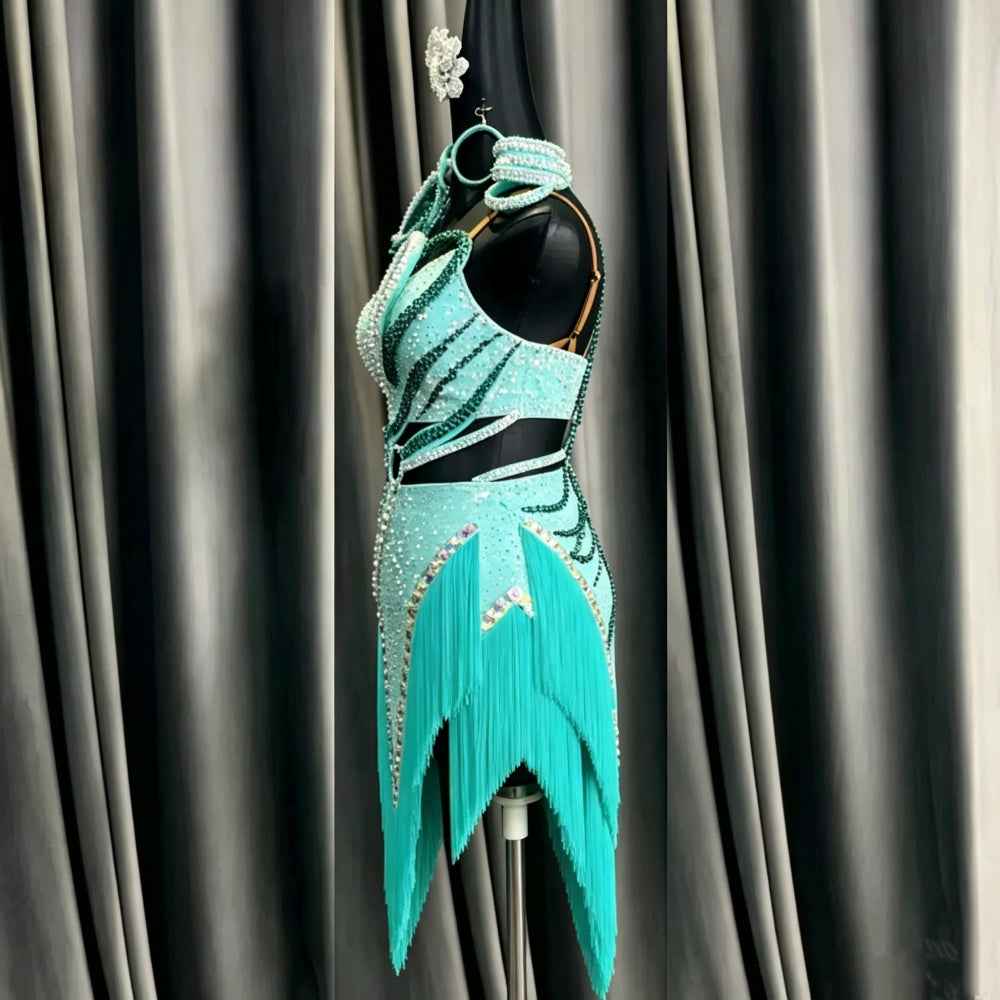Custom Turquoise Custom Latin Dress Shiny Rhinestone Petal with Asymmetrical Fringe Skirt