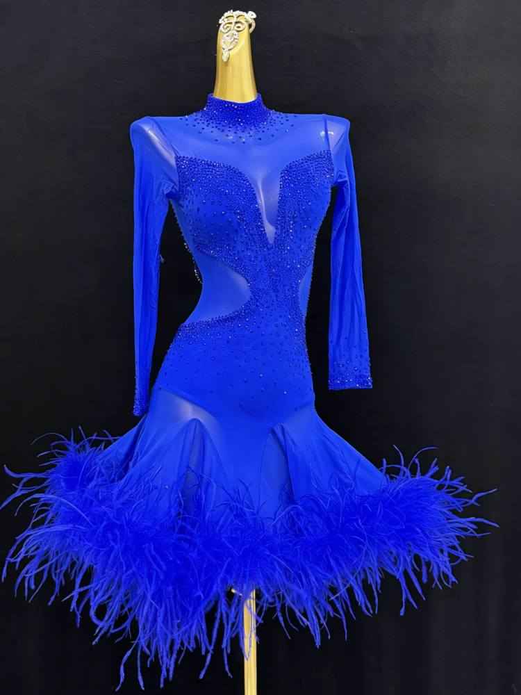 Custom Size Royal Blue Women's Latin Dance Dresses Feather Salsa Rumba Chacha Performance Costumes