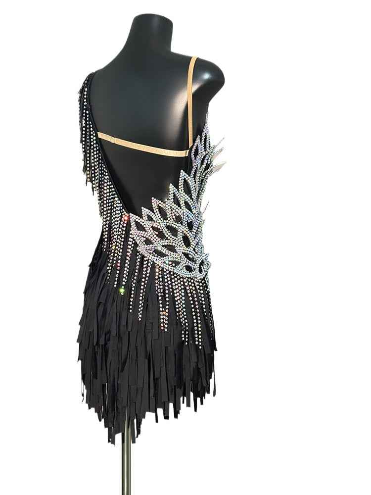 Custom Size Black Fringe Competition Latin Dance Dresses for Women Rhinestones Salsa Rumba Chacha Dance Costumes