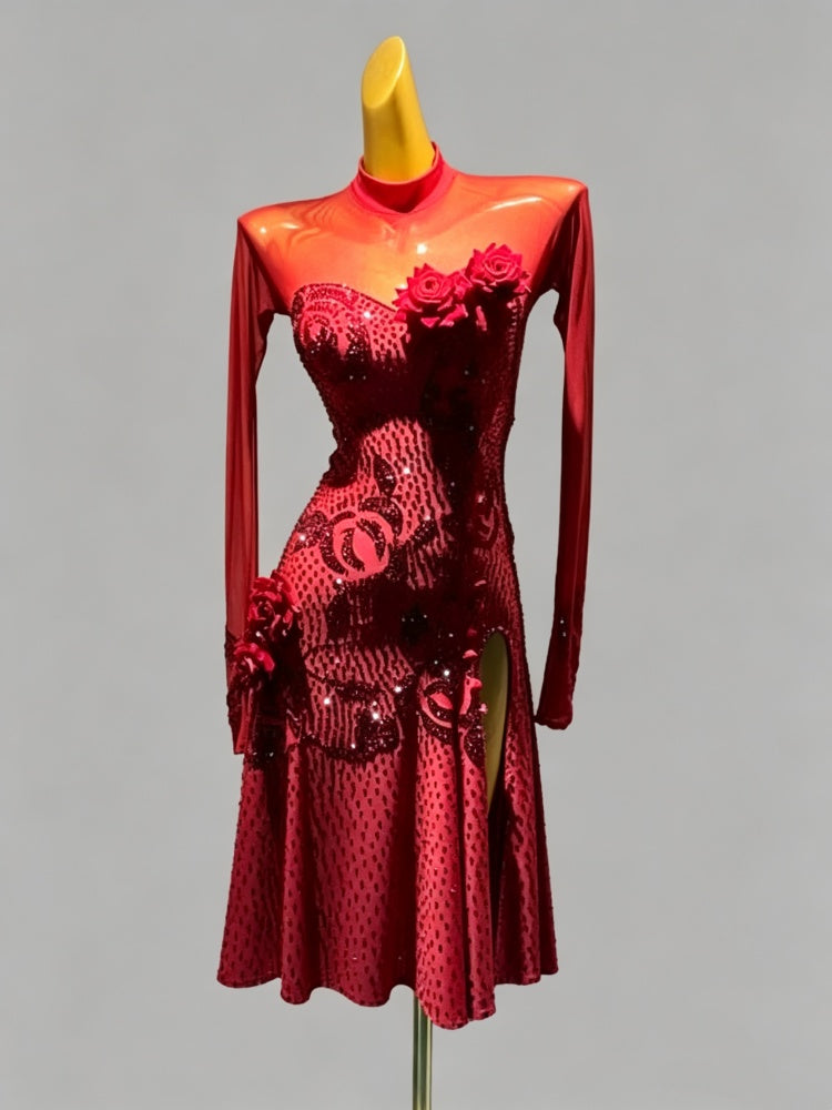 Custom Wine Red Rose Latin Dance Dress Rhythm & Ballroom Outfits