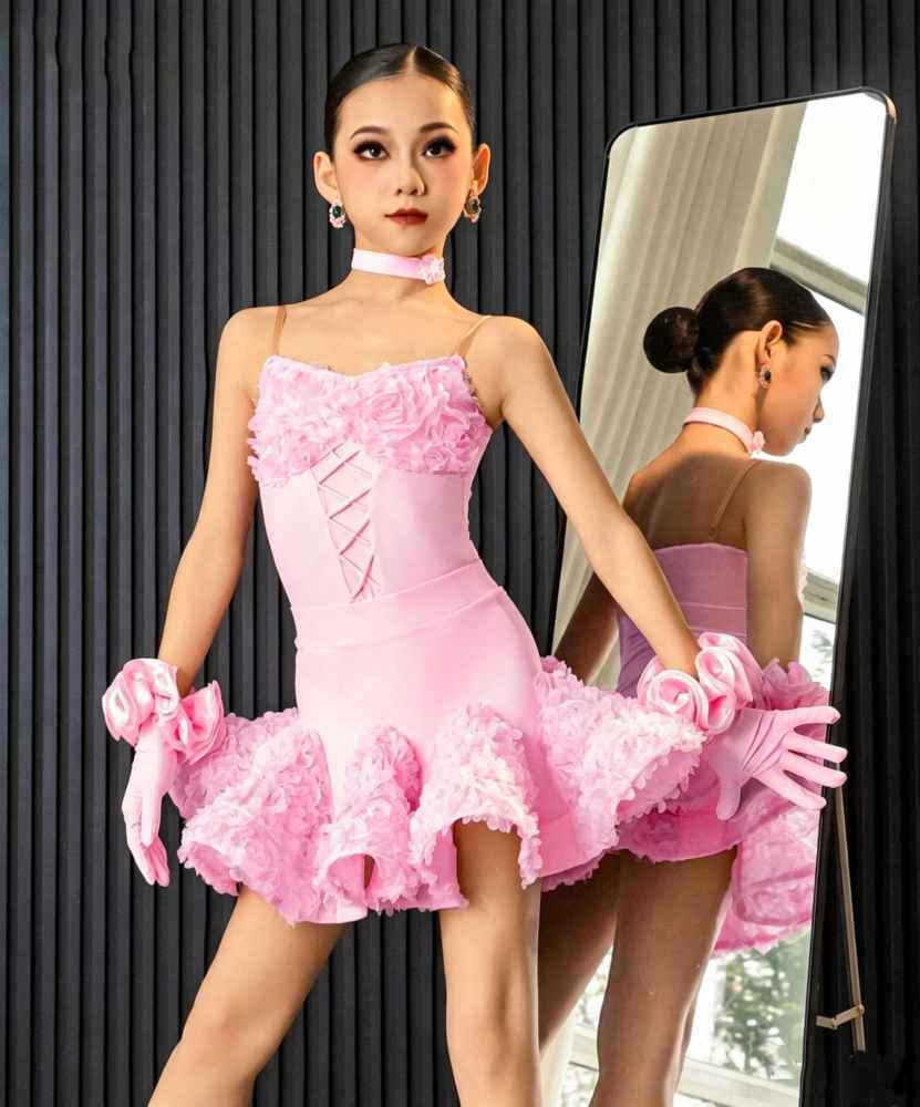 Girls Latin Dance Dress Pink 3d Rose Flowers Salsa Ballroom Dance Costumes for Kids