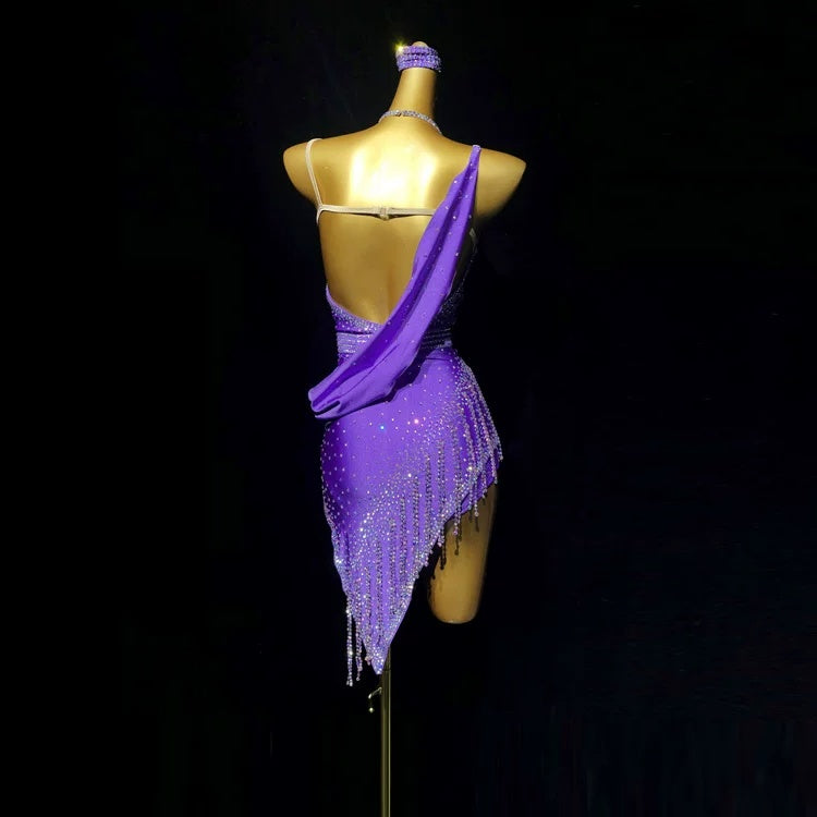 Custom Size Violet Fuchsia Competition Latin Dance Crystal Fringe Inclined Skirt Salsa Chacha Dance Wear