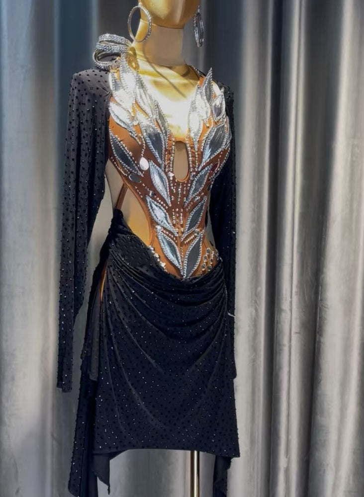 Custom Black & Nude Competition Latin Dance Dress with Silver Petals