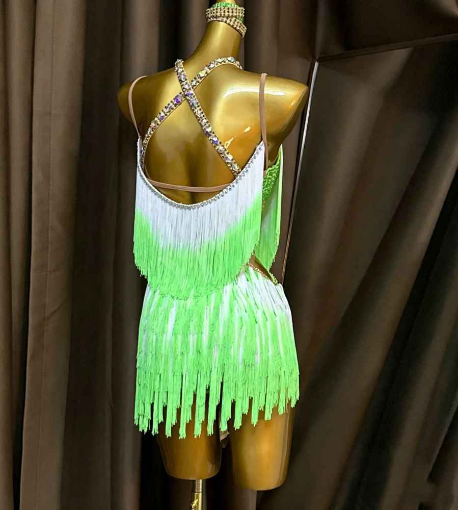 Custom Size Green with Gold Bling Fringe Competition Latin Dance Dress for Women Girls Salsa Chacha Blackpool Dance Wear