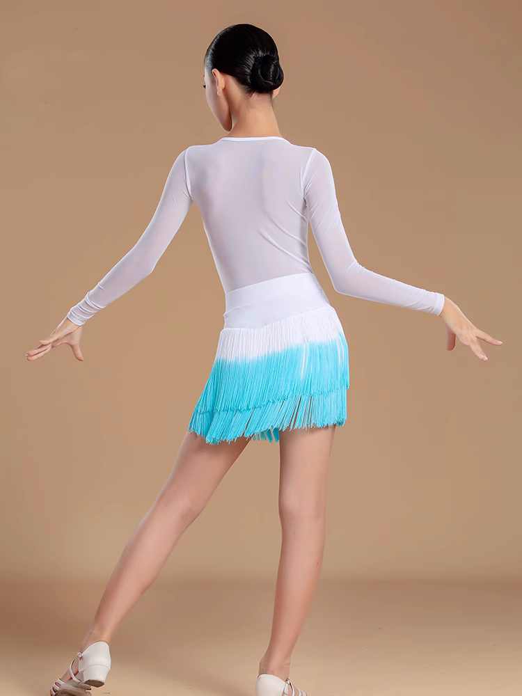 White blue Gradient fringe flowers Latin dance dresses fpr girls kids salsa rumba chacha modern dance performance outfits for kids - Moderndancedress.com