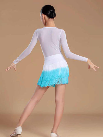 White blue Gradient fringe flowers Latin dance dresses fpr girls kids salsa rumba chacha modern dance performance outfits for kids - Moderndancedress.com