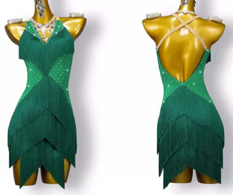 Professional Dark Green Fringe Latin Dance Competition Dresses for Women Girls Salsa Rumba Cha Cha Samba Performance Floral Costume Solo