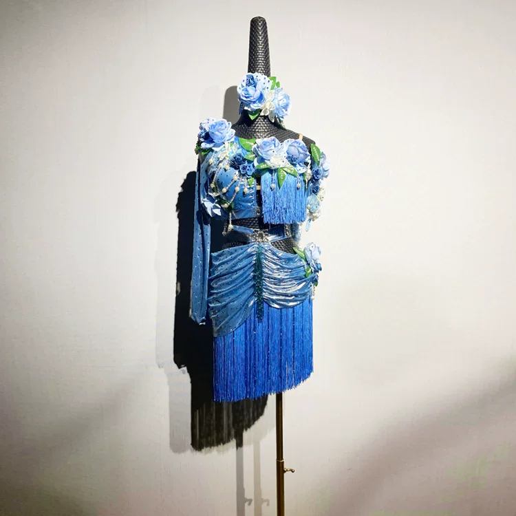 Custom 3D Flower Royal Blue Latin Dress - Luxury Crystal Fringe Ballroom Dancewear