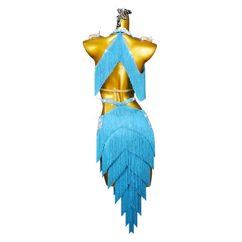 Turquoise Fringe Latin Dance Dresses for Women Girls Salsa Rumba Latin Ballroom Performance Outfits