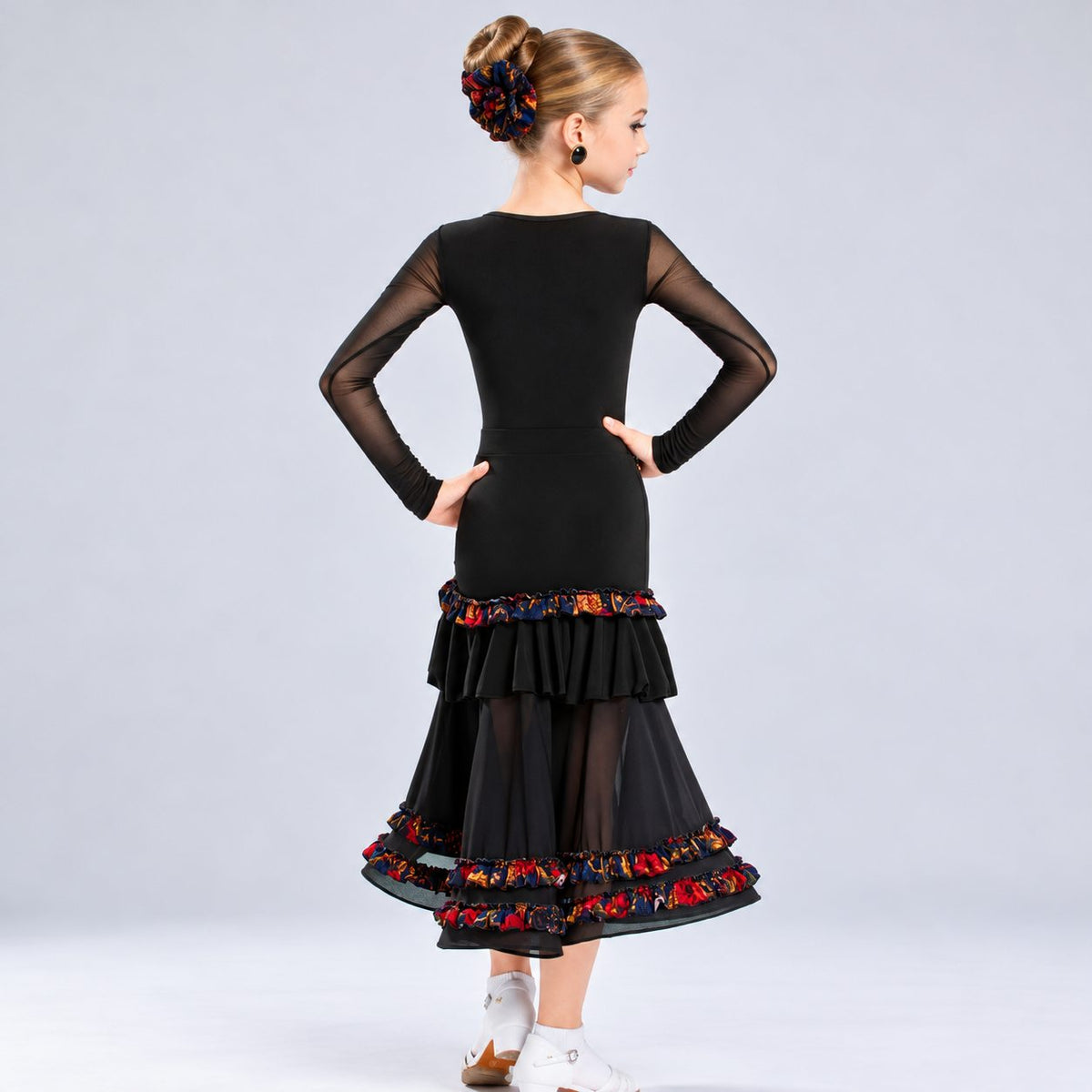 Girls Black Ballroom Latin Dance Dress with Vintage Floral Ruffle Trim