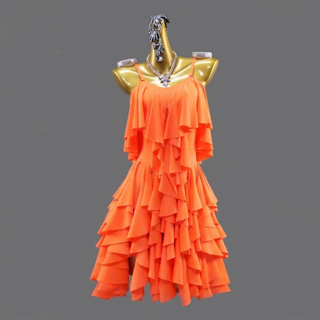 Custom Orange Latin Dance Competition Dress Tiered Ruffle Fringe Salsa Gown