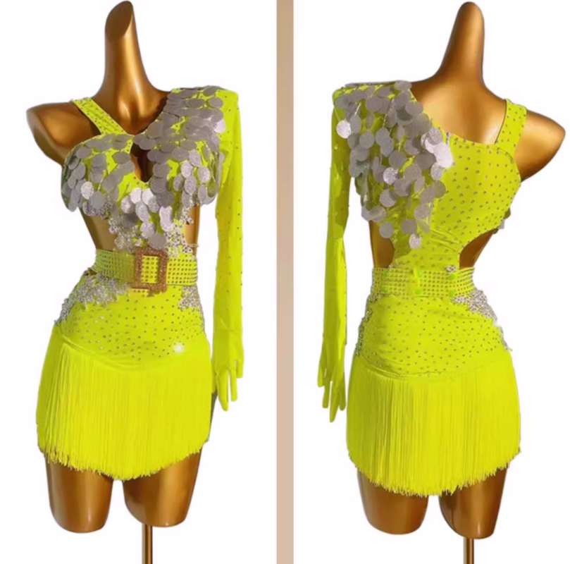 Custom size Fluorescent yellow competition Latin dance dresses for kids girls latin salsa chacha solo performance clothes with gemstones - Moderndancedress.com