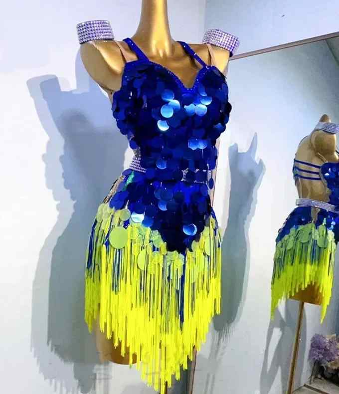 Custom Size Latin Dance Dresses for Women Girls Royal Blue Yellow Competition Salsa Chacha Rumba Blackpool Dance Costumes