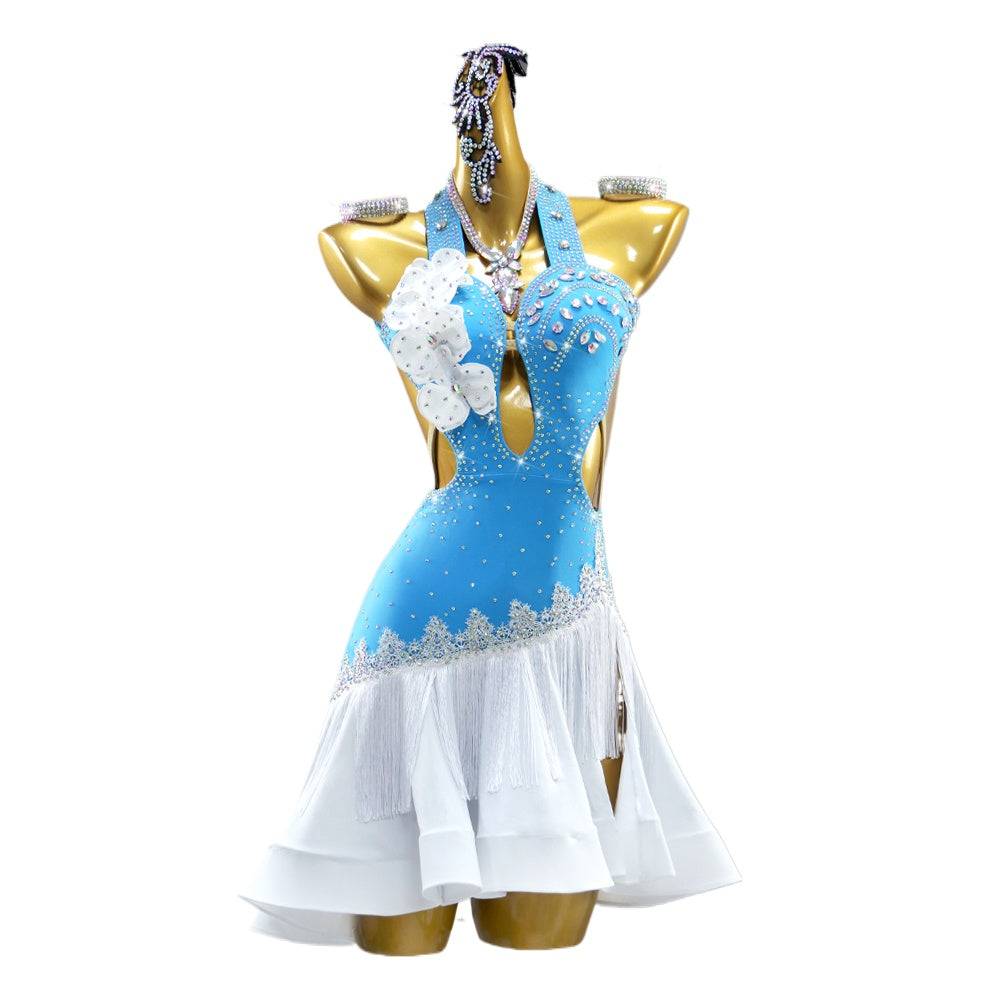 Blue White Fringe Latin Dance Dresses for Women Girls Salsa Rumba Chacha Flower Suit Blackpool Regulation Sexy Dance Costumes