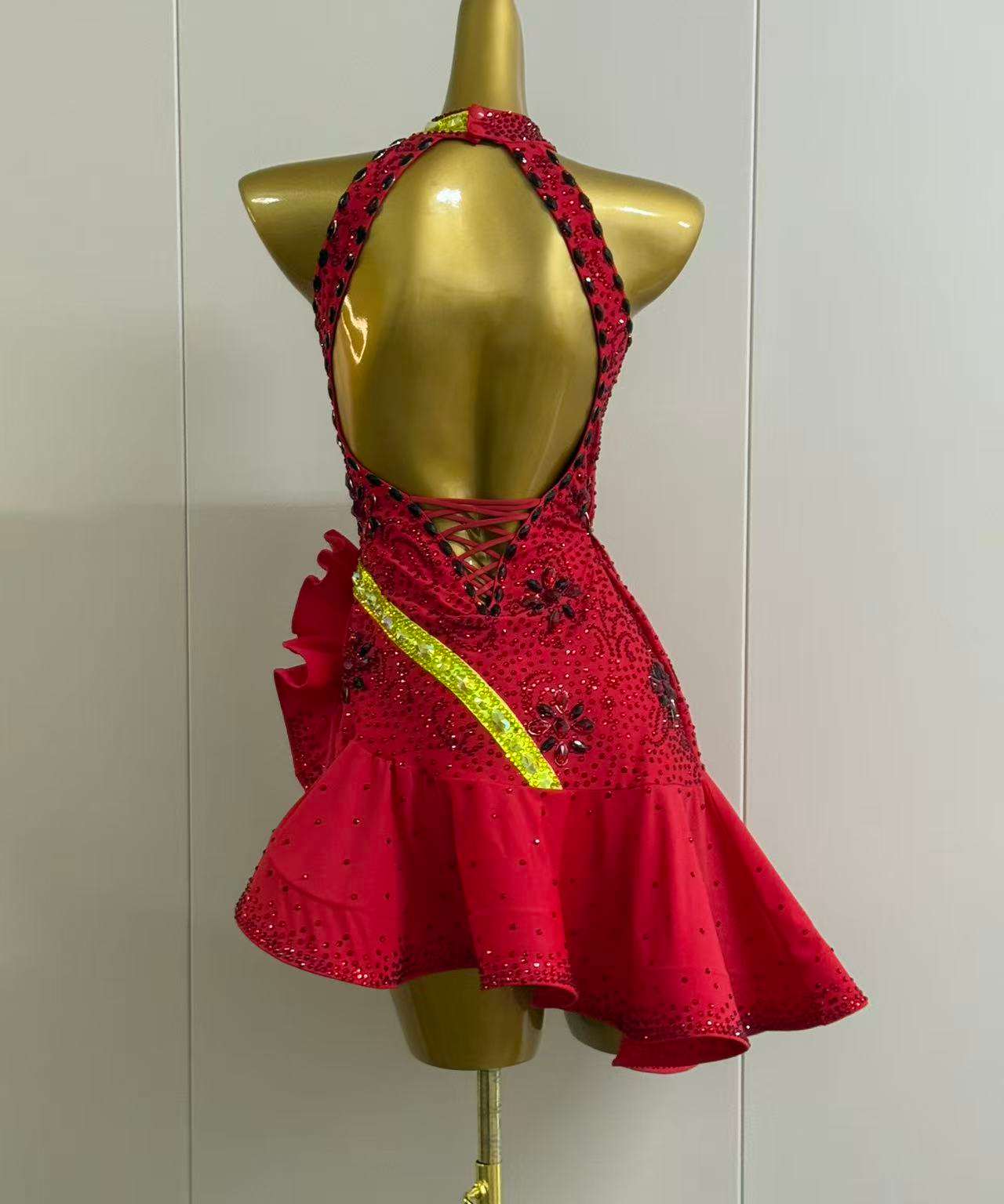 Custom Slant Neck Red Latin Dance Dress with Yellow Stripe & Rhinestones Salsa Wear