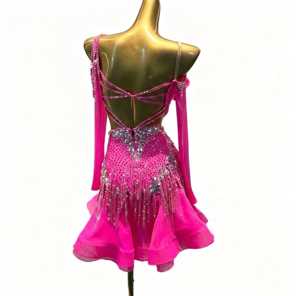 Custom Size Turquoise Fuchsia Latin Dance Dress Bling Tassel Slant Neck Blackpool Competition Costume