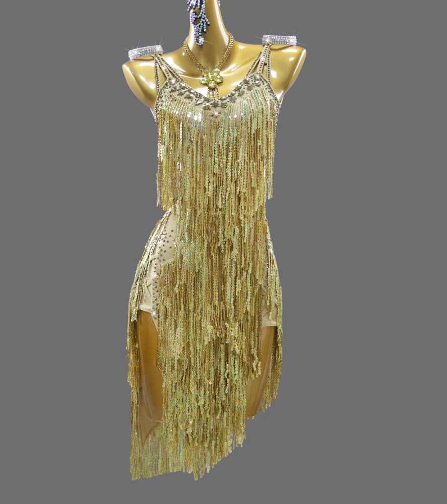 Custom Size Women's Gold Fringe Latin Dance Dress Salsa Chacha Competition Costumes