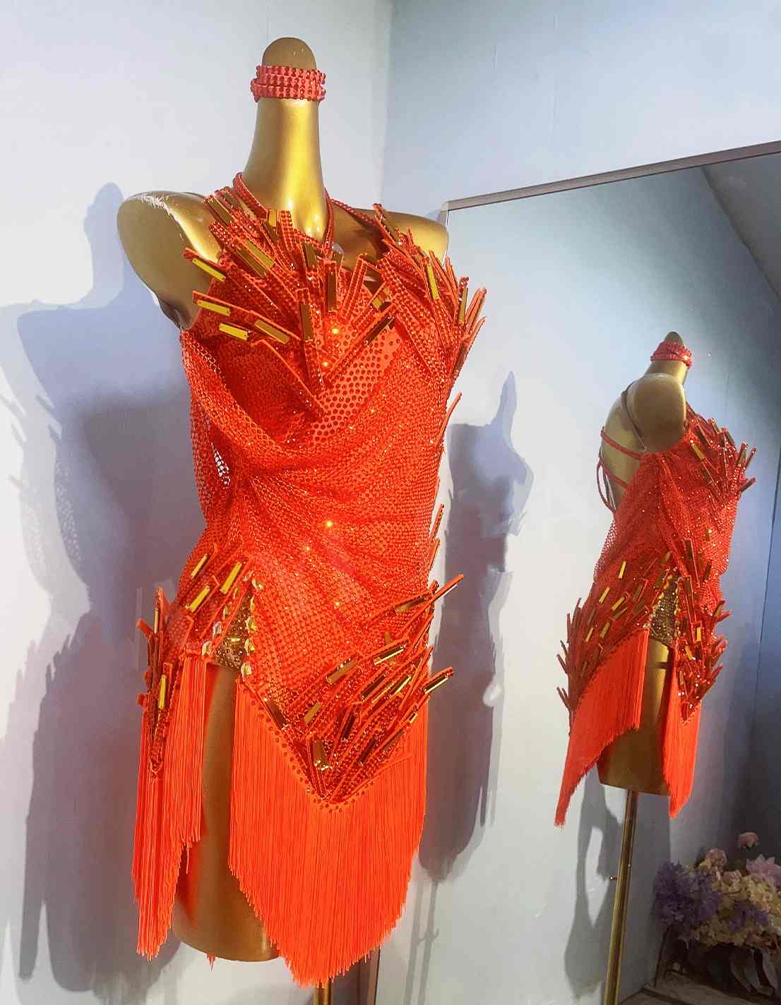 Custom Size Competition Latin Dance Dresses Green Orange Mesh Salsa Chacha Dance Costumes