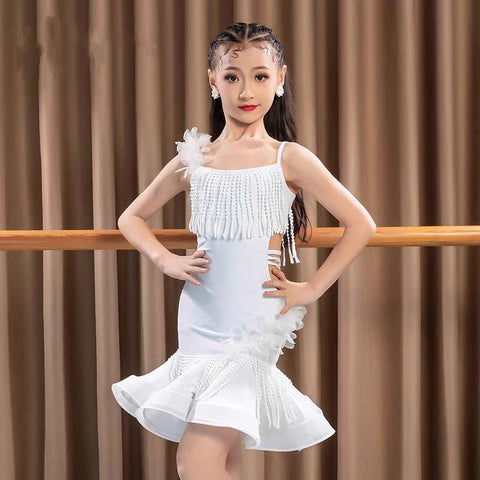 White Fringe Latin Dance Dresses for Girls Kids Sling Tassel Salsa Rumba Chacha Performance Skirts