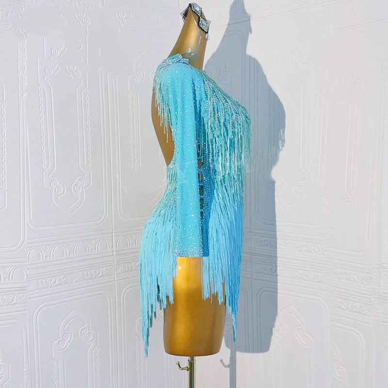 Custom Size Latin Dance Dresses Turquoise Bling Fringe Competition Blackpool Latin Salsa Competition Costumes