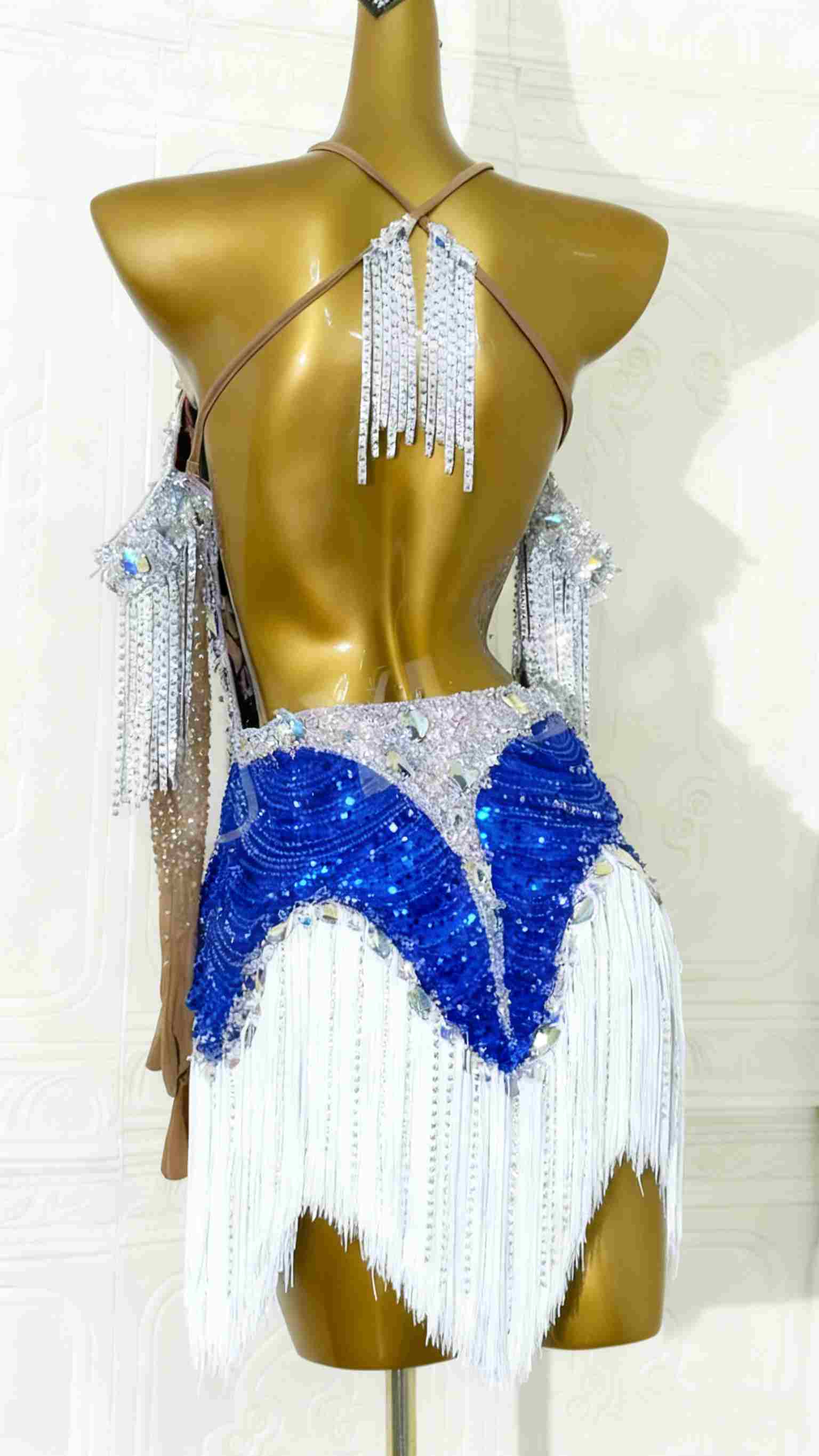 Custom Size Women's Competition Latin Dance Dress Royal Blue Wine Stones Salsa Dance Clothes