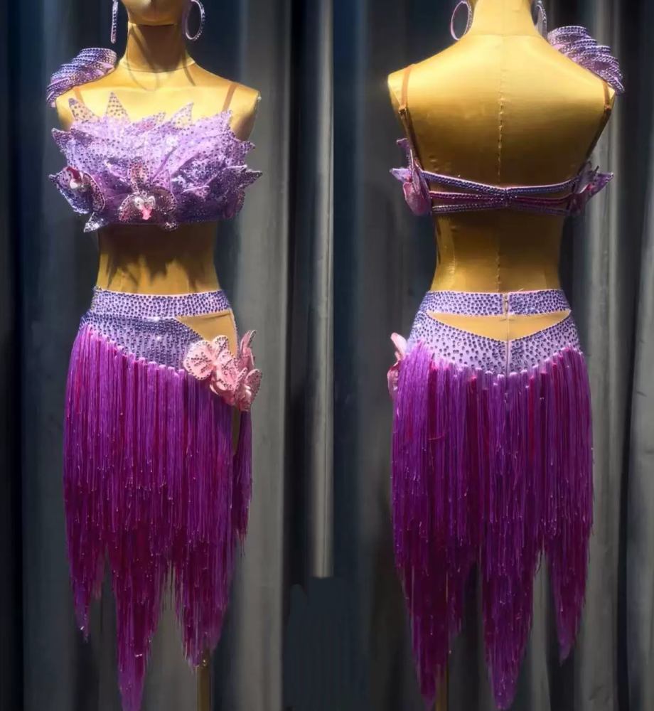 Custom Two-Piece Purple Petals Latin Dance Dress | Professional 3D Orchid Ballroom Competition Outfit