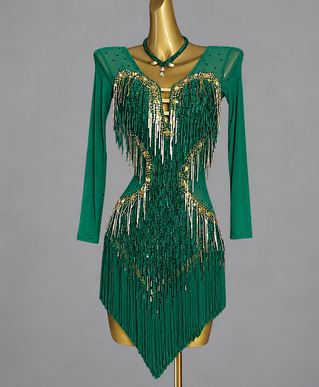 Custom Royal Blue Long Sleeve Latin Dance Dress with Gold Rhinestone Fringe