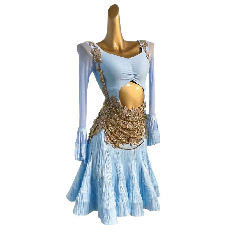 Custom Size  Latin Dance Dresses for Women Girls Blue Fringe Salsa Rumba Chacha Dance Costumes