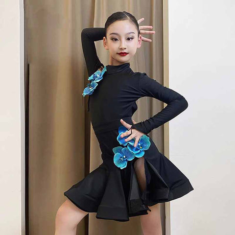 Black with Blue Orchid Flowers Latin Dance Dresses for Girls Latin Long Sleeves Slant Neck  Salsa Chacha Performance Costumes for Kids - Moderndancedress.com