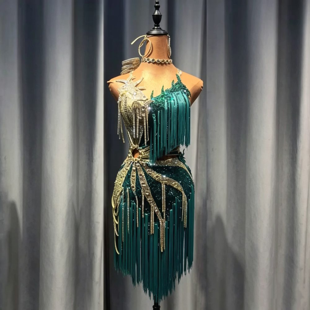 Custom Dark Green & Gold Latin Dance Dress | Crystal Beaded Ballroom Tassel Costume