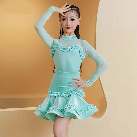 Pink Green Velvet Lace Latin Dance Dresses for Girls Kids Salsa Rumba Chacha Ballroom Professional Dance Performance Competition Outfits for Children - Moderndancedress.com