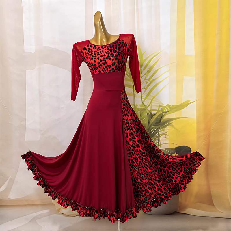 Wine Leopard Ballroom Dance Dresses for Women Girls Waltz Tango Rhthm Smooth Dance Long Swing Skirts - Moderndancedress.com
